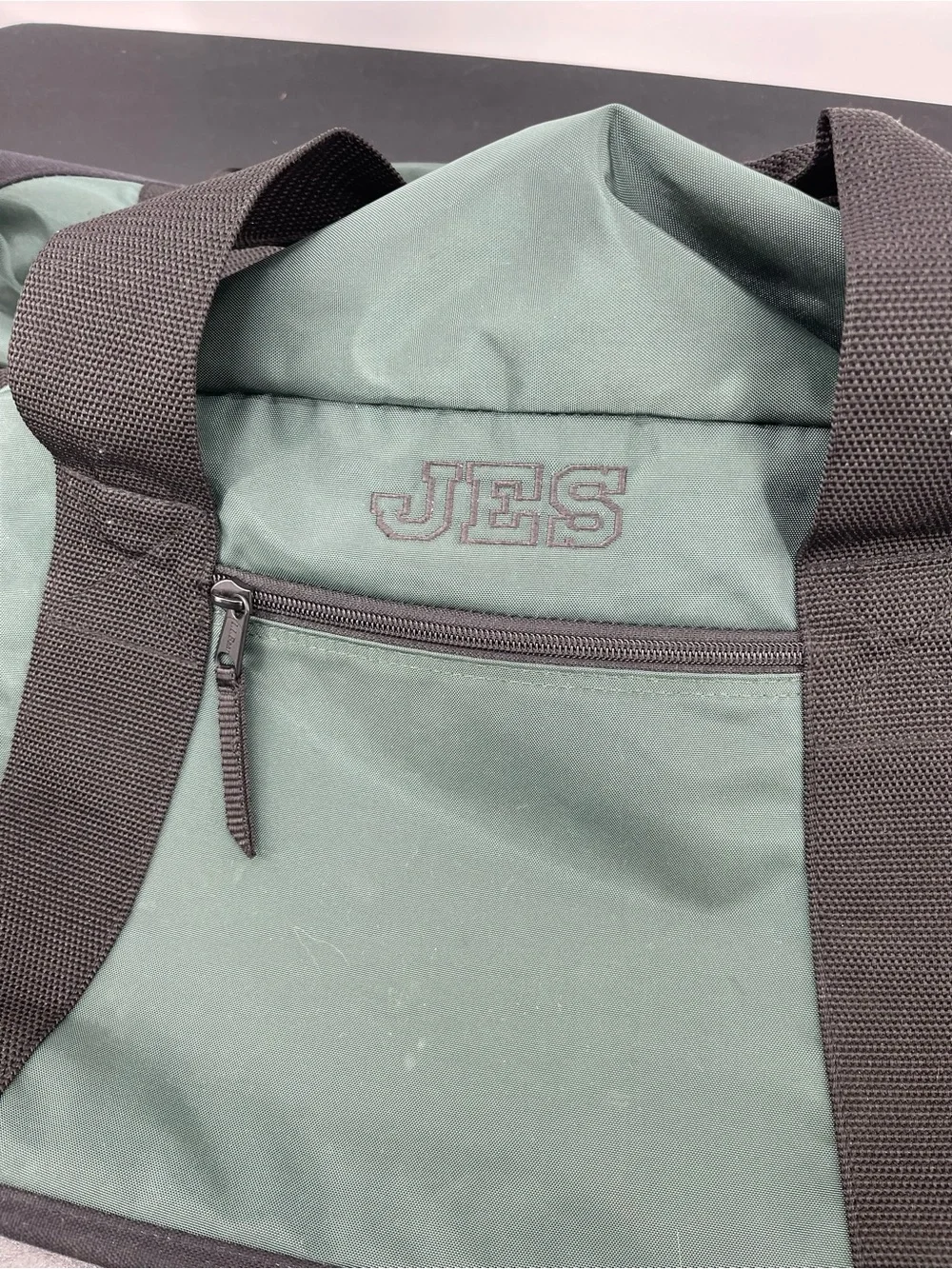 Vintage L.L. Bean Forest Rolling Green Duffel, JES monogram Large